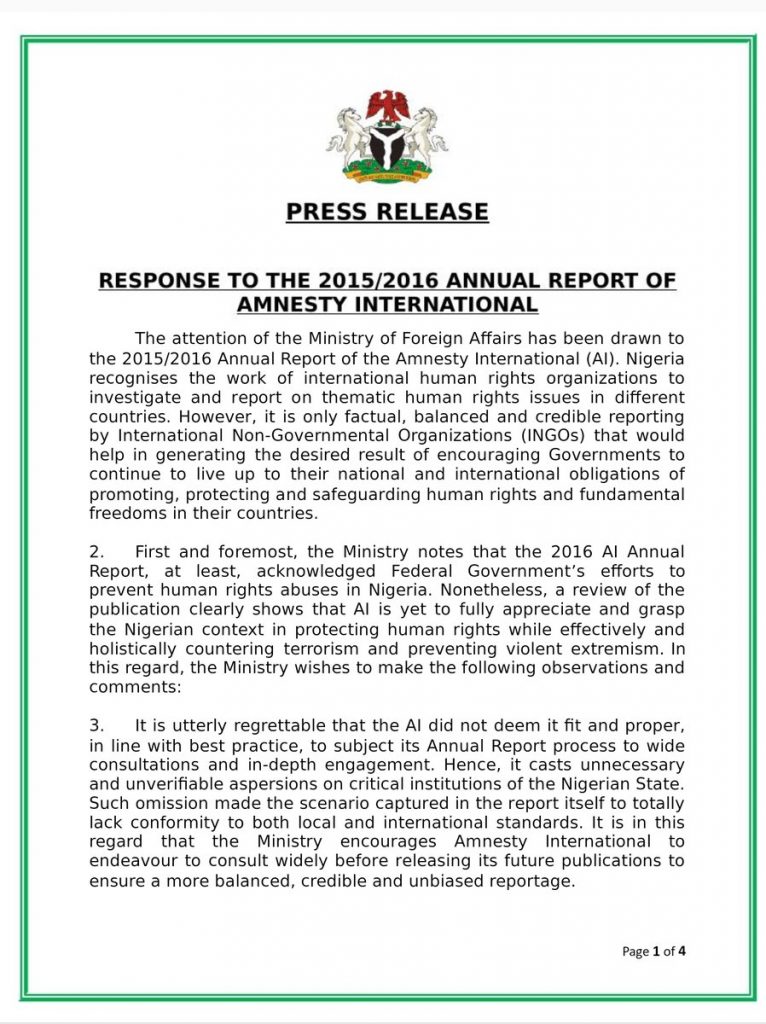 Nigeria MFA Counters Amnesty International 2015/2016 Annual Report on Nigeria