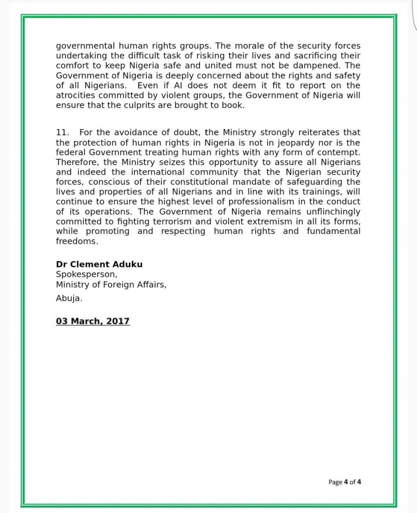 Nigeria MFA Counters Amnesty International 2015/2016 Annual Report on Nigeria